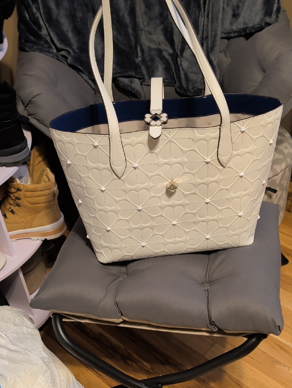 Cream Quilted Tote Bag with Floral Stitching Leather Kate Spade